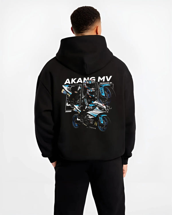 Black hoodie worn by a male model, back view, featuring Yamaha R1 rs racing track street enthusiast performance graphic.