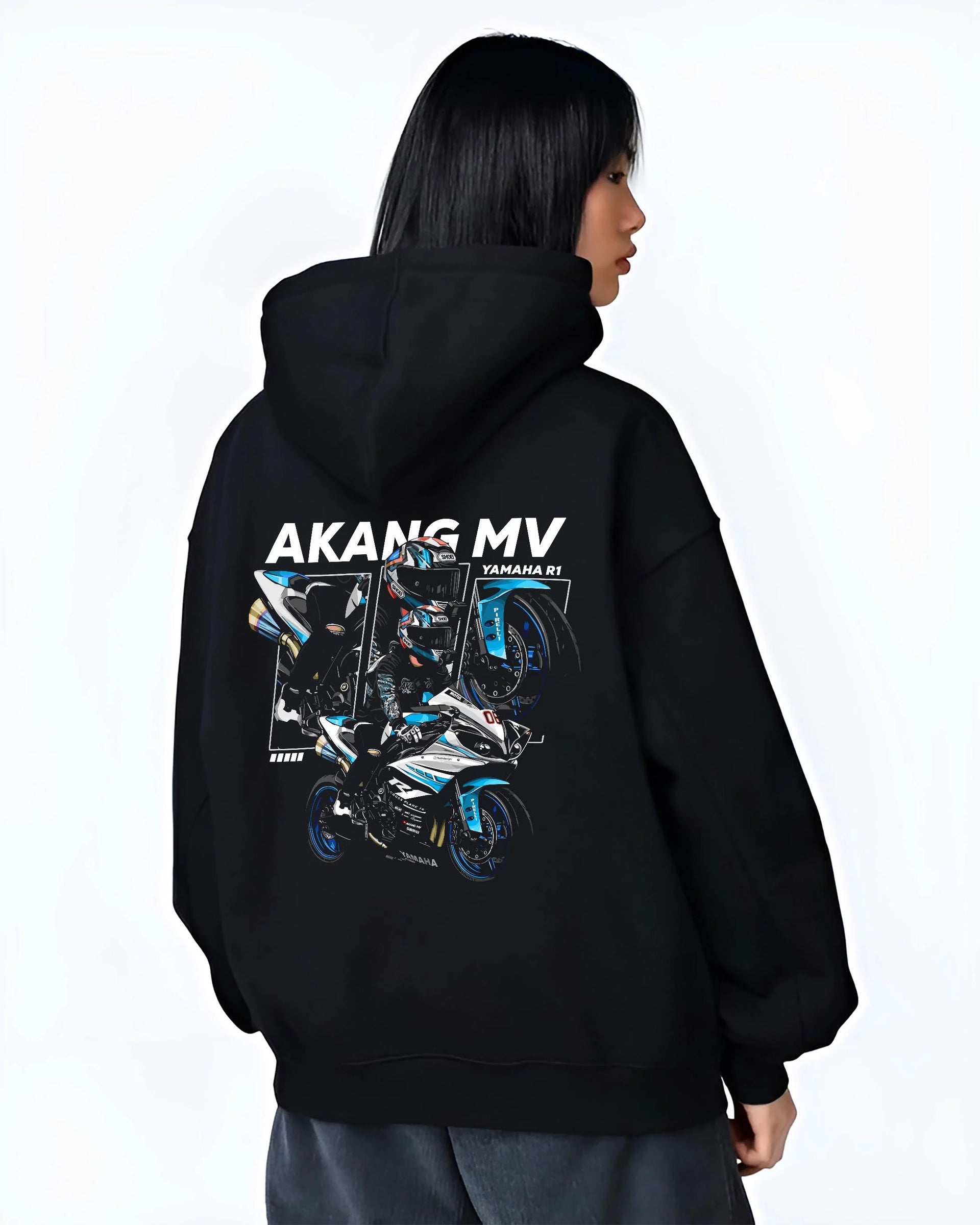 Black hoodie worn by a female model, back view, featuring Yamaha R1 rs racing track street enthusiast performance graphic.