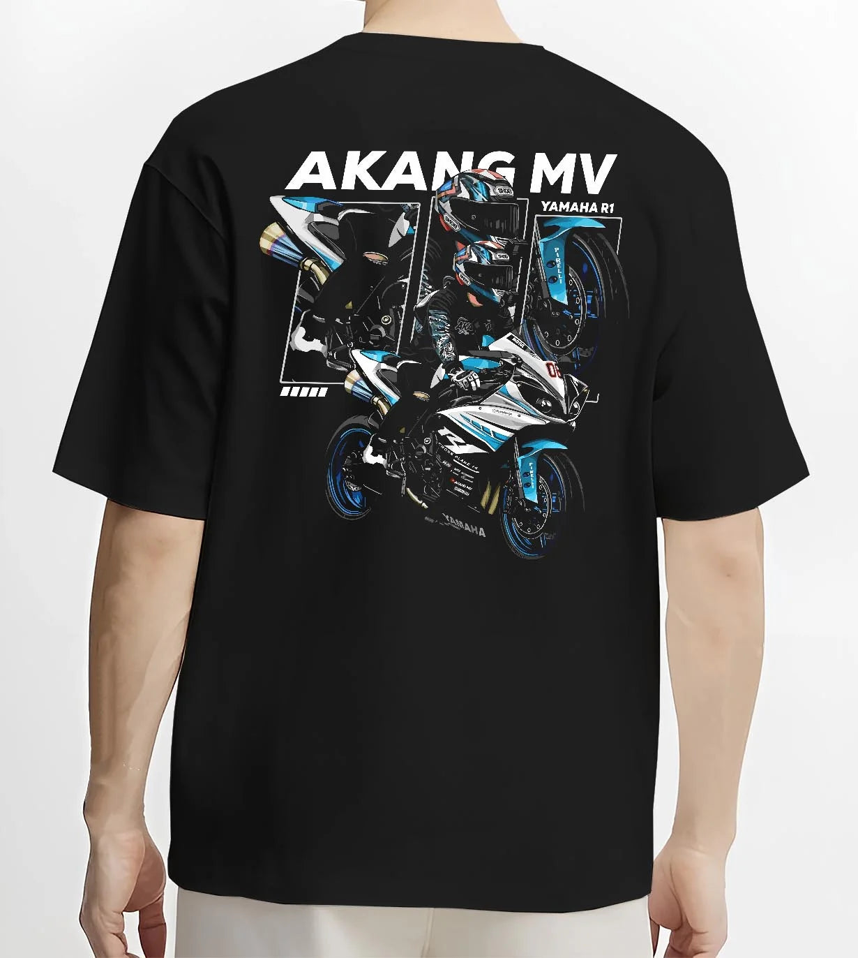 Black T-shirt worn by a male model, back view, featuring Yamaha R1 rs racing track street enthusiast performance graphic.