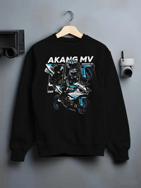 Black crewneck sweatshirt on a hanger against a grey wall, featuring Yamaha R1 rs racing track street enthusiast graphic.