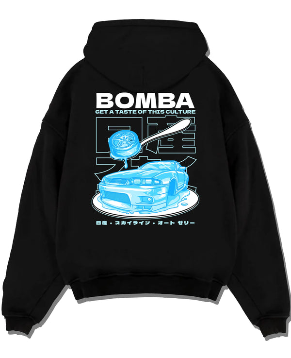 Black pullover hoodie laid flat on a white background, featuring Nissan Skyline R33 r33 skyline turbo turbocharged racing graphic.