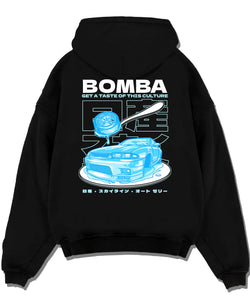 Black pullover hoodie laid flat on a white background, featuring Nissan Skyline R33 r33 skyline turbo turbocharged racing graphic.