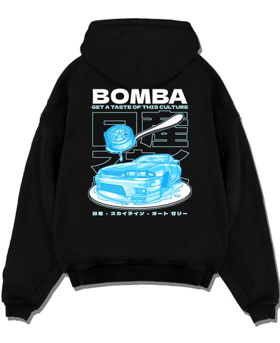 Black pullover hoodie laid flat on a white background, featuring Nissan Skyline R33 r33 skyline turbo turbocharged racing graphic.