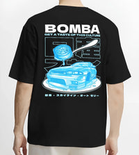 Black T-shirt worn by a male model, back view, featuring Nissan Skyline R33 r33 skyline turbo turbocharged racing drift jdm graphic.