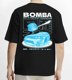 Black T-shirt worn by a male model, back view, featuring Nissan Skyline R33 r33 skyline turbo turbocharged racing drift jdm graphic.