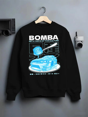 Black crewneck sweatshirt on a hanger against a grey wall, featuring Nissan Skyline R33 r33 skyline turbo turbocharged graphic.