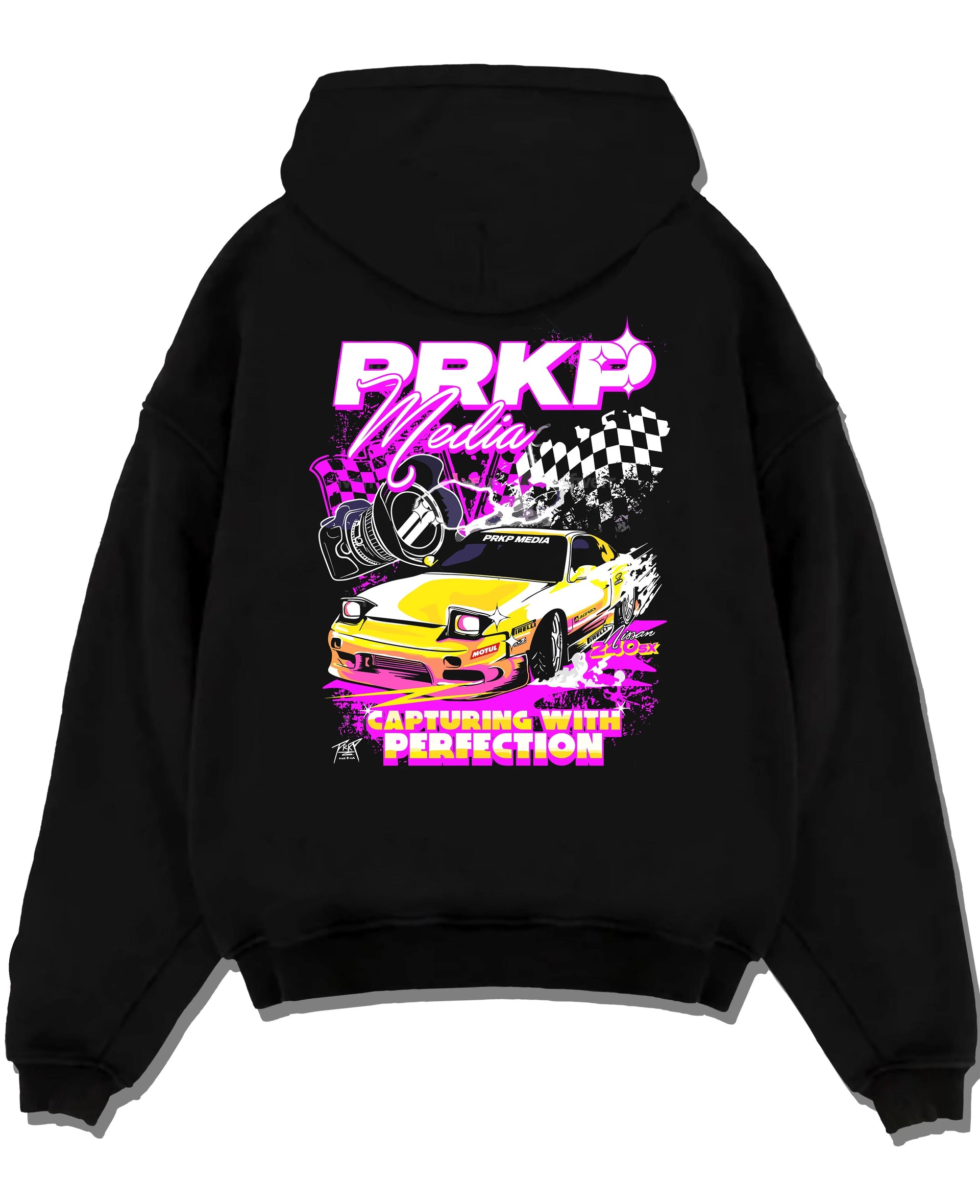 Black pullover hoodie laid flat on a white background, featuring Nissan Skyline R34 gt r r34 skyline racing drift jdm r34gtr.