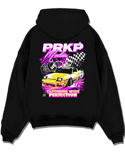 Black pullover hoodie laid flat on a white background, featuring Nissan Skyline R34 gt r r34 skyline racing drift jdm r34gtr.
