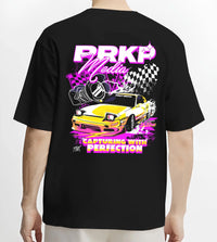 Black T-shirt worn by a male model, back view, featuring Nissan Skyline R34 gt r r34 skyline racing drift jdm japanese graphic.