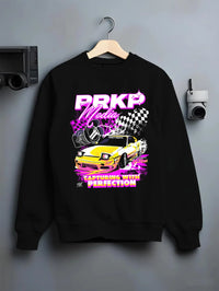Black crewneck sweatshirt on a hanger against a grey wall, featuring Nissan Skyline R34 gt r r34 skyline racing drift jdm r34gtr.
