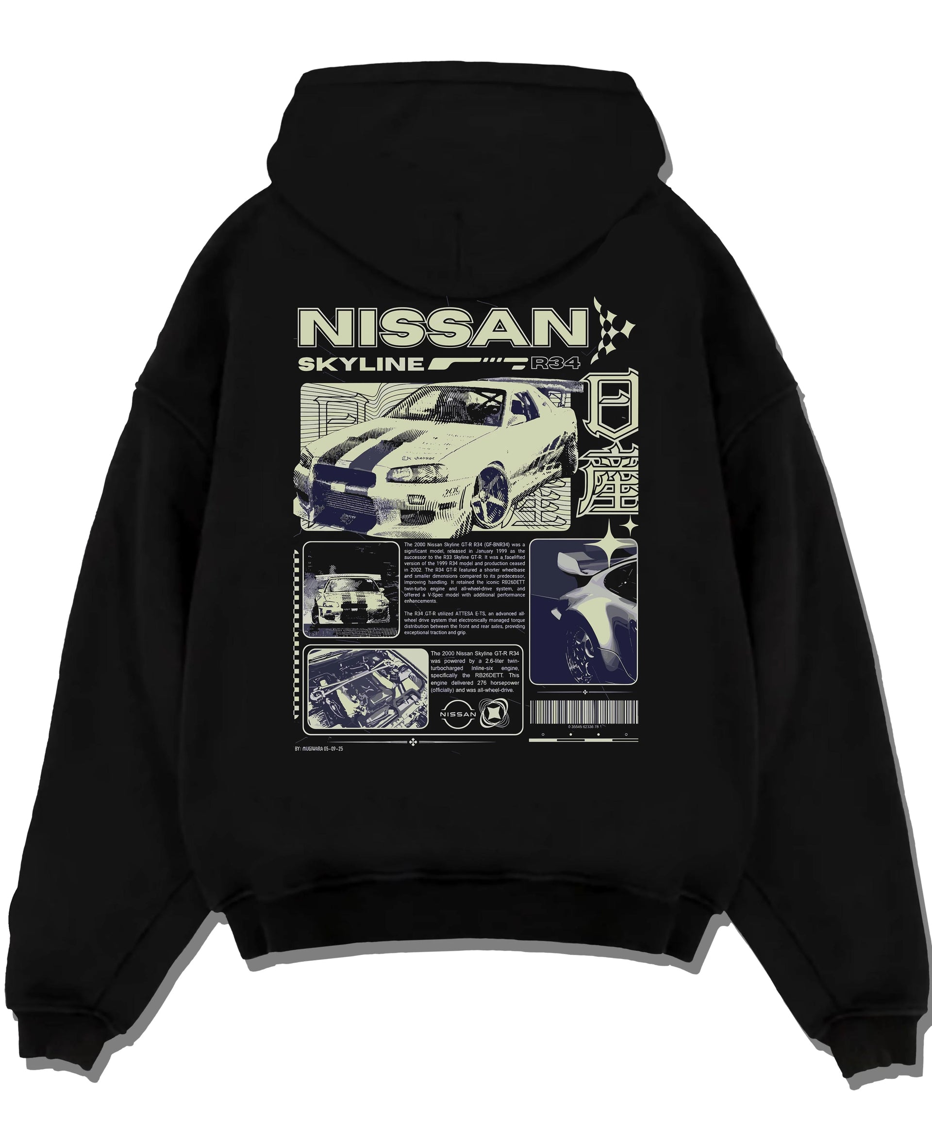 Black pullover hoodie laid flat on a white background, featuring Nissan Skyline R34 r34 skyline race drift jdm japanese graphic.