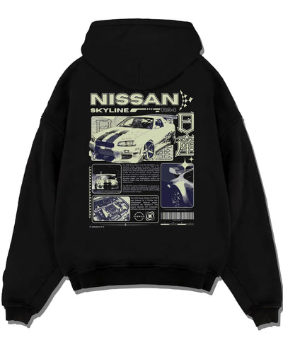 Black pullover hoodie laid flat on a white background, featuring Nissan Skyline R34 r34 skyline race drift jdm japanese graphic.