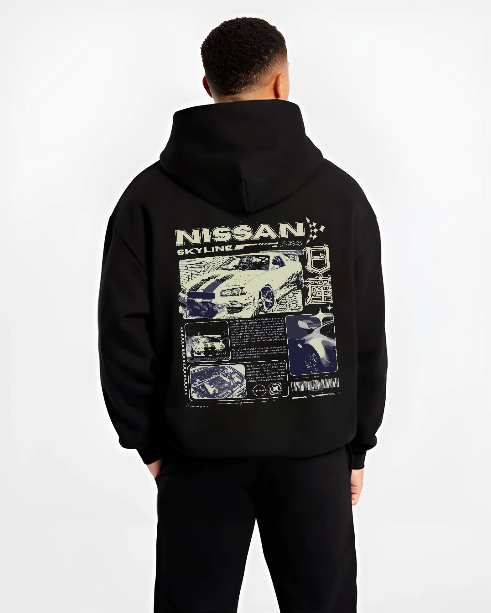 Black hoodie worn by a male model, back view, featuring Nissan Skyline R34 r34 skyline race drift jdm japanese street retro graphic.