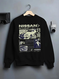 Black crewneck sweatshirt on a hanger against a grey wall, featuring Nissan Skyline R34 r34 skyline race drift jdm japanese graphic.
