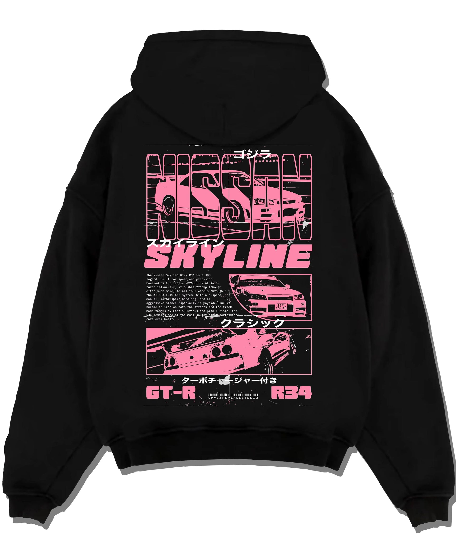 Black pullover hoodie laid flat on a white background, featuring Nissan SKYLINE r34 turbo racing drift jdm japanese street graphic.