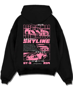 Black pullover hoodie laid flat on a white background, featuring Nissan SKYLINE r34 turbo racing drift jdm japanese street graphic.