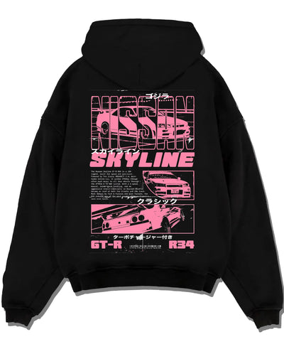 Black pullover hoodie laid flat on a white background, featuring Nissan SKYLINE r34 turbo racing drift jdm japanese street graphic.