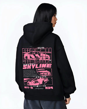 Black hoodie worn by a female model, back view, featuring Nissan SKYLINE r34 turbo racing drift jdm japanese street retro graphic.