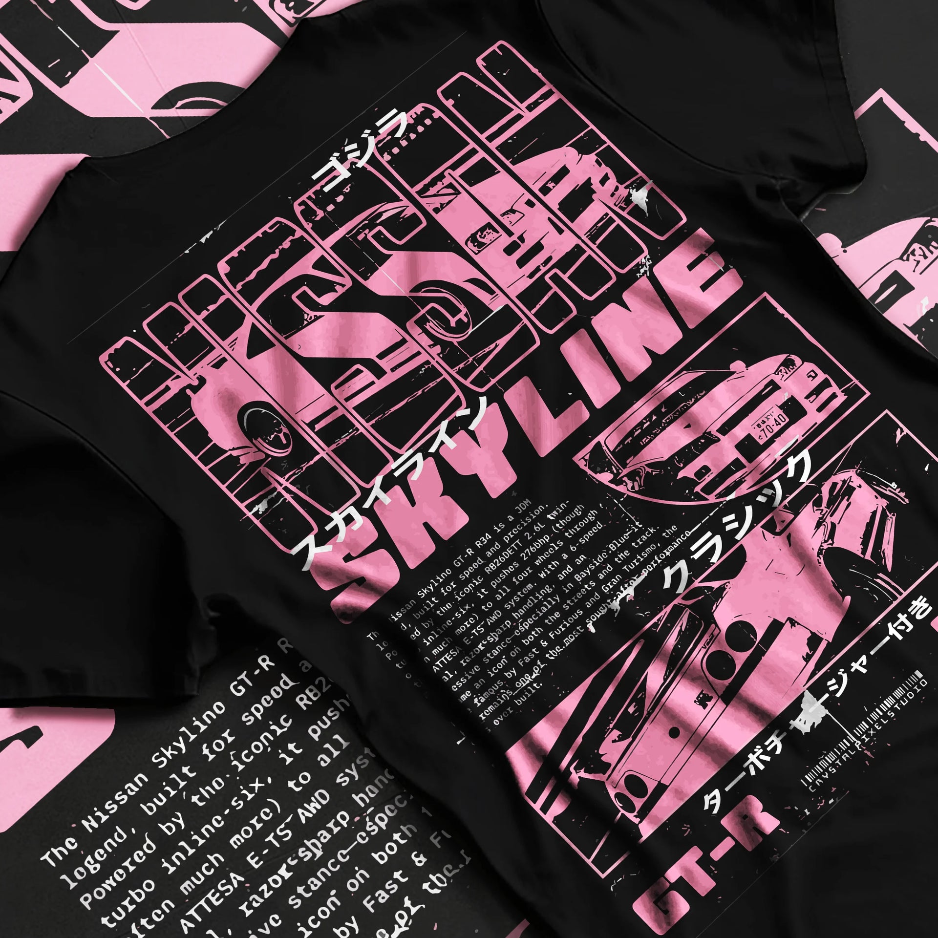 Black T-shirt laid flat with natural fabric folds, featuring Nissan SKYLINE r34 turbo racing drift jdm japanese street graphic.