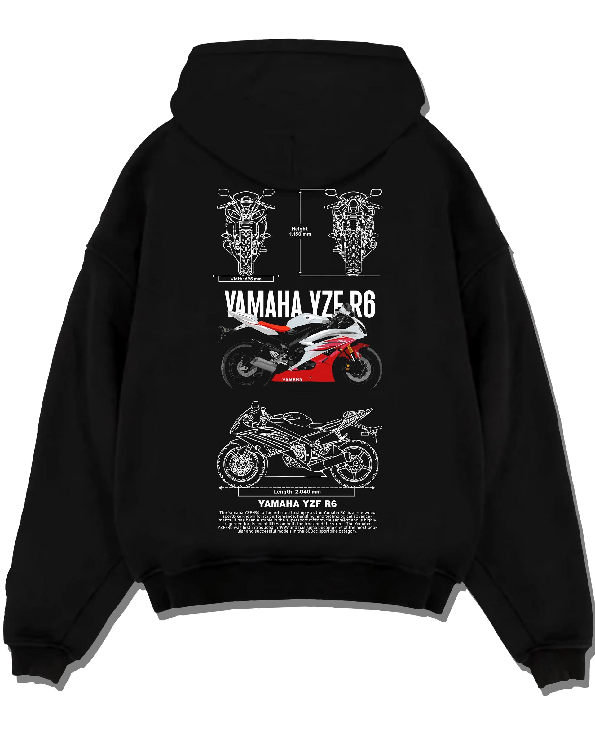 Black pullover hoodie laid flat on a white background, featuring Yamaha R6 racing street enthusiast performance motorsport graphic.