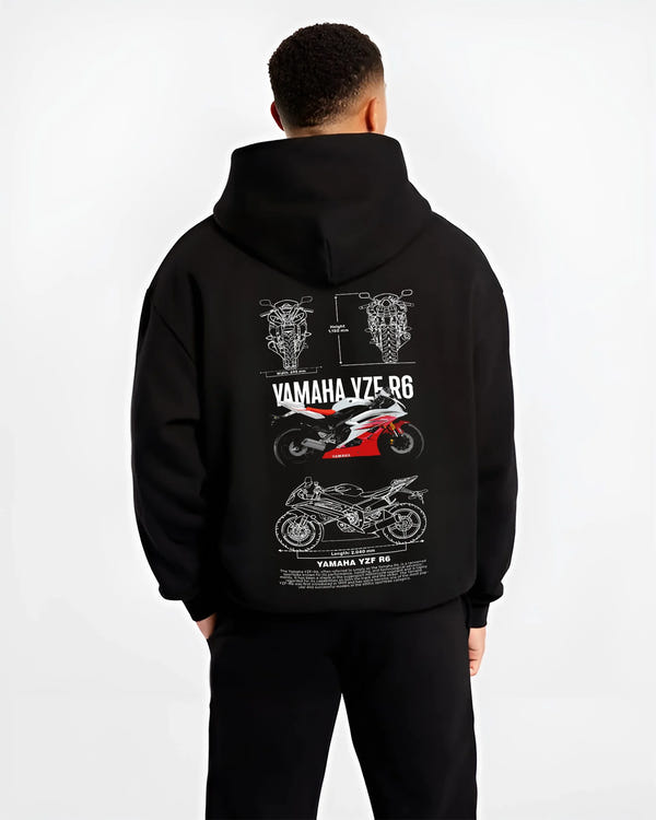 Black hoodie worn by a male model, back view, featuring Yamaha R6 racing street enthusiast performance motorsport graphic.