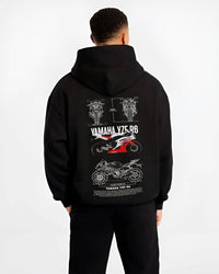 Black hoodie worn by a male model, back view, featuring Yamaha R6 racing street enthusiast performance motorsport graphic.
