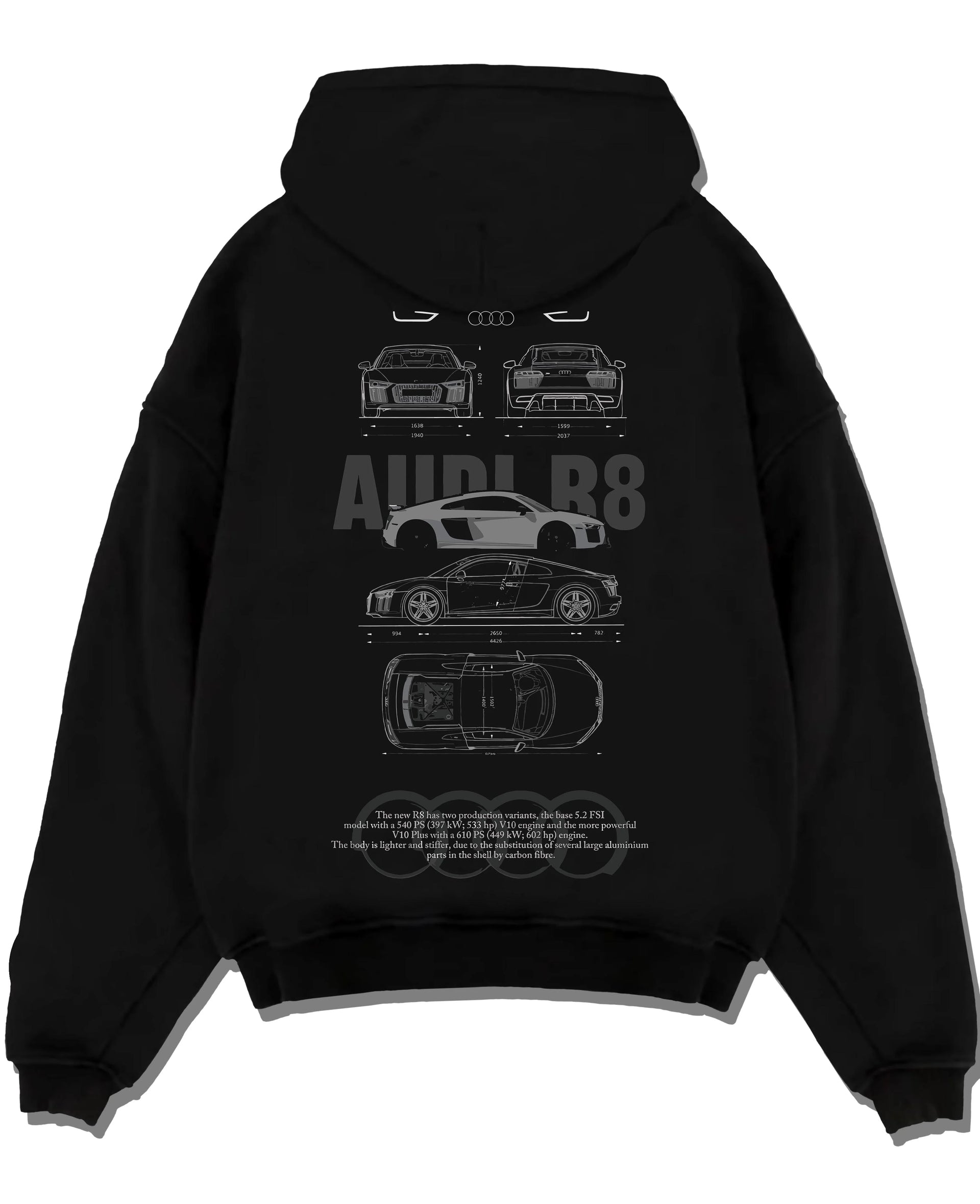 Black pullover hoodie laid flat on a white background, featuring Audi R8 v10 euro enthusiast racing street performance graphic.