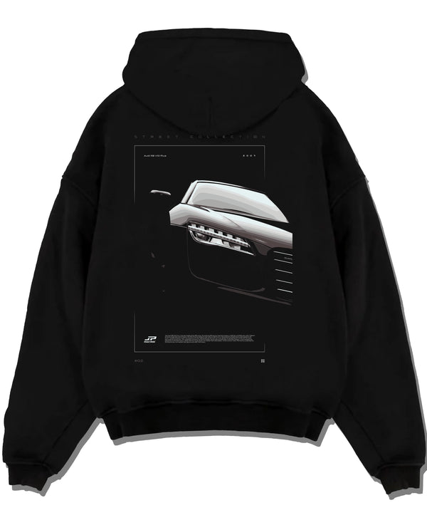 Black pullover hoodie laid flat on a white background, featuring Audi R8 turbo v10 racing german street performance graphic.