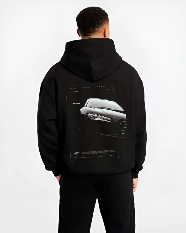 Black hoodie worn by a male model, back view, featuring Audi R8 turbo v10 racing german street performance graphic.