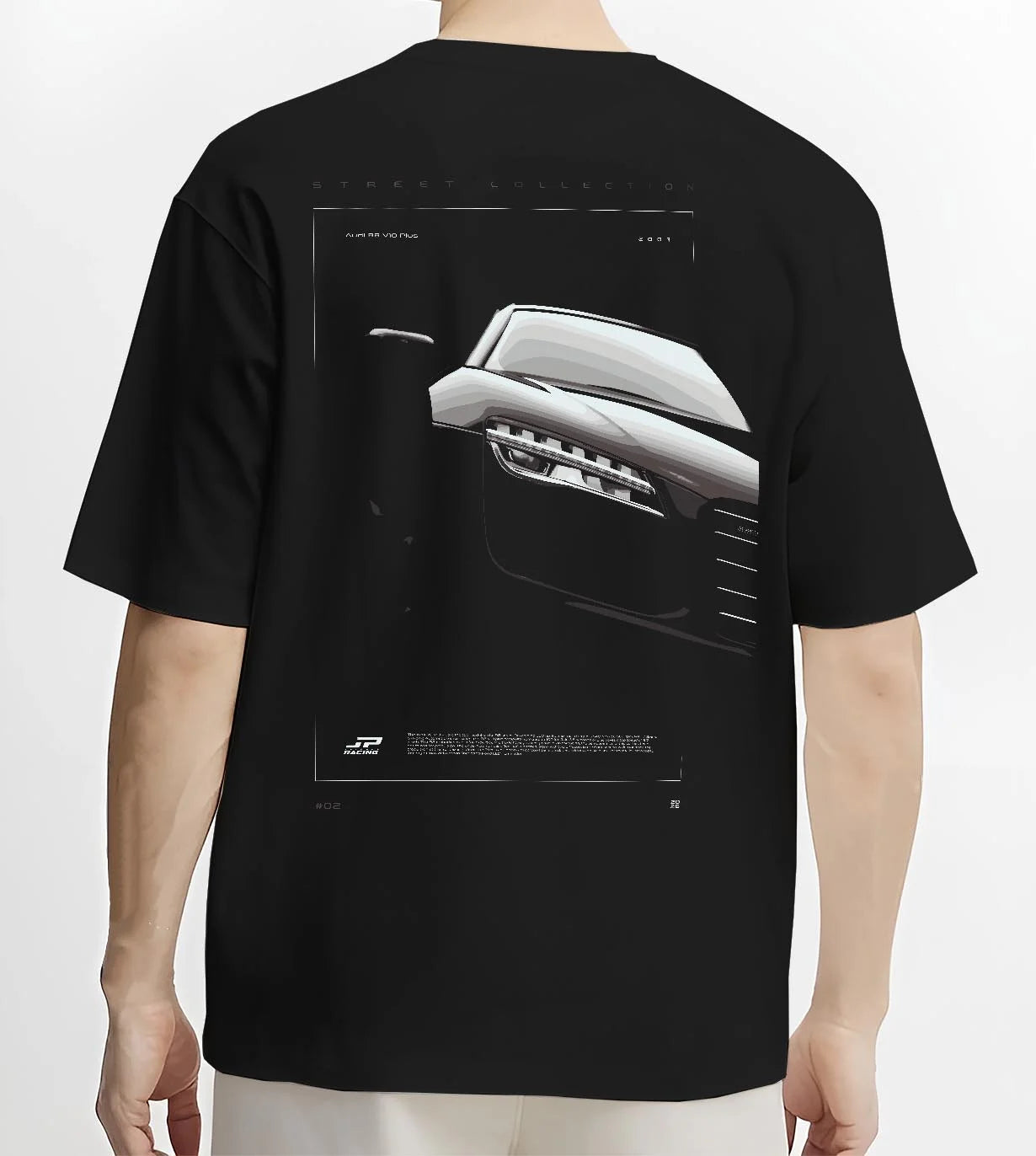 Black T-shirt worn by a male model, back view, featuring Audi R8 turbo v10 racing german street performance graphic.