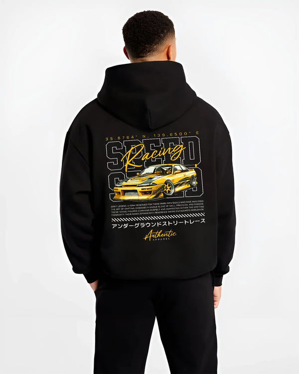 Black hoodie worn by a male model, back view, featuring SKYLINE racing drift japanese street legend speed enthusiast graphic.