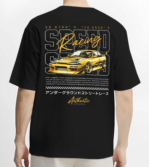 Black T-shirt worn by a male model, back view, featuring SKYLINE racing drift japanese street legend speed enthusiast graphic.