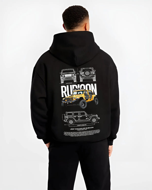 Black hoodie worn by a male model, back view, featuring rs turbo racing drift rally motorsport tuner street classic legend graphic.