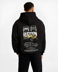 Black hoodie worn by a male model, back view, featuring rs turbo racing drift rally motorsport tuner street classic legend graphic.