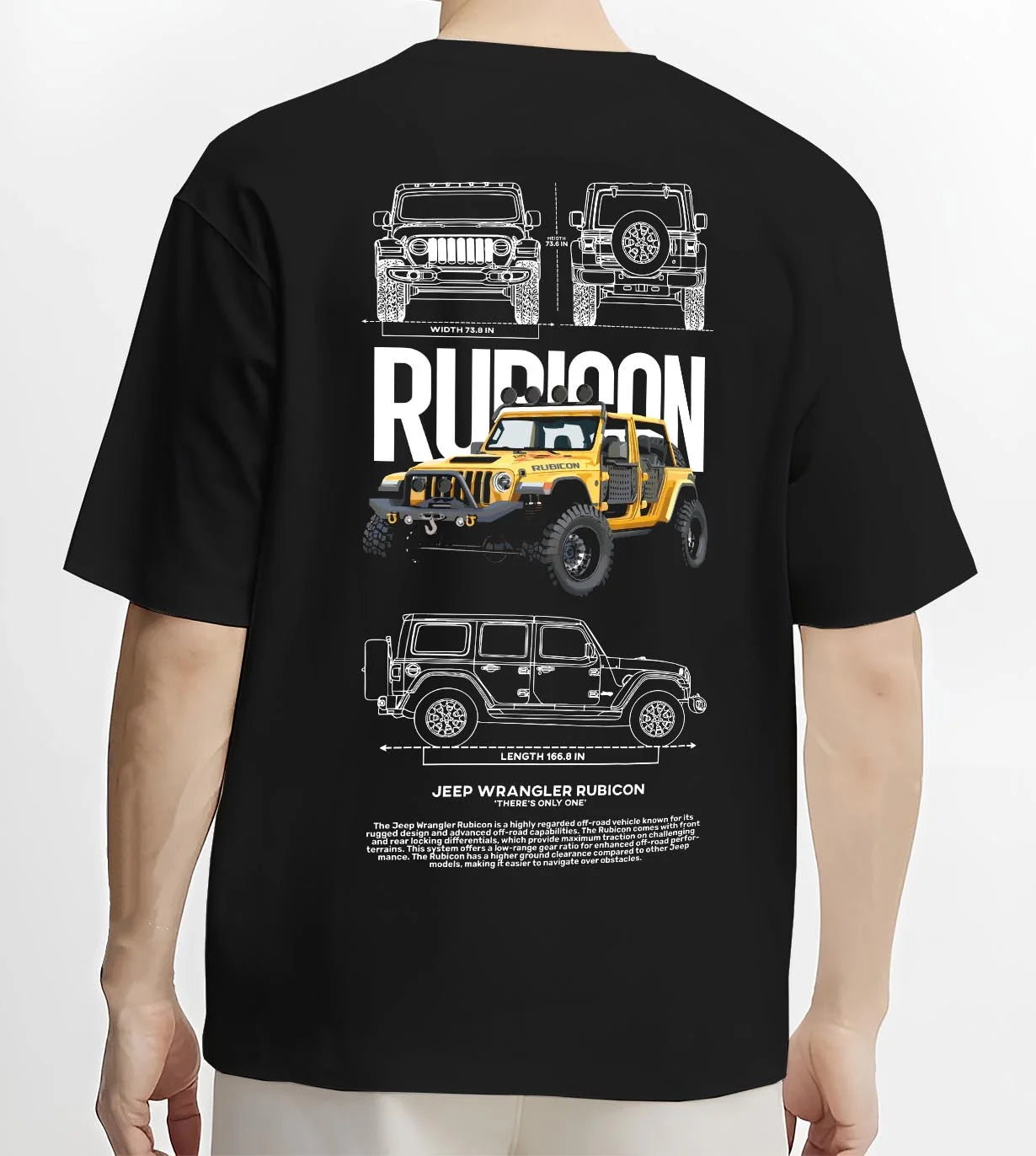Black T-shirt worn by a male model, back view, featuring rs turbo racing drift rally motorsport tuner street classic legend graphic.