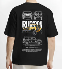 Black T-shirt worn by a male model, back view, featuring rs turbo racing drift rally motorsport tuner street classic legend graphic.