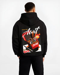 Black hoodie worn by a male model, back view, featuring turbo jdm japanese street racing performance motorsport automotive graphic.