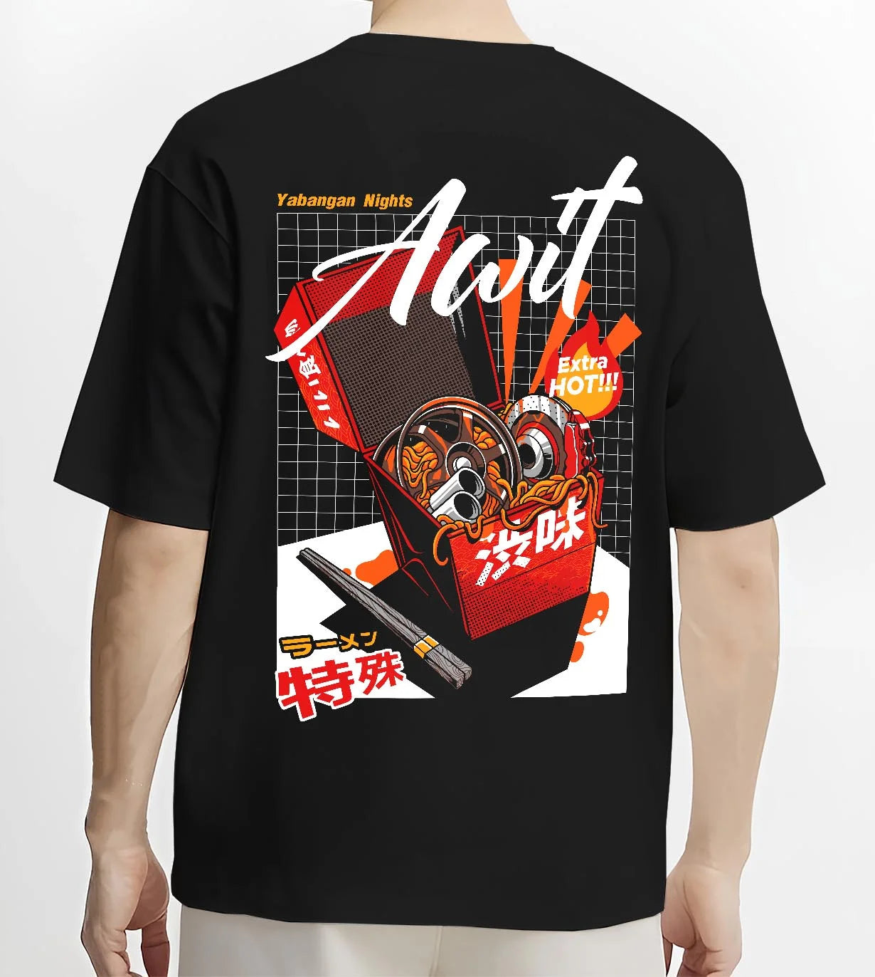 Black T-shirt worn by a male model, back view, featuring turbo jdm japanese street racing performance motorsport automotive graphic.