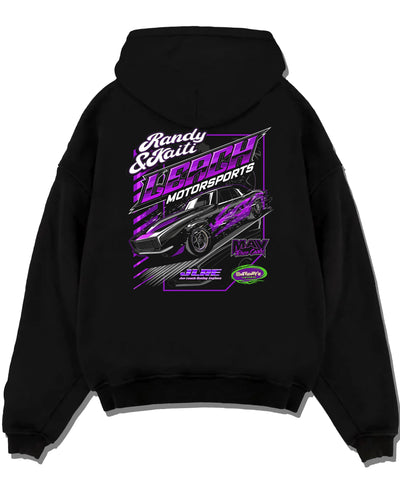 Black pullover hoodie laid flat on a white background, featuring STI street racing performance motorsport automotive randy.