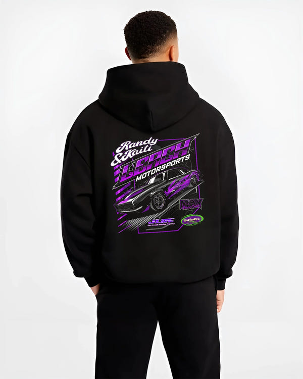 Black hoodie worn by a male model, back view, featuring STI street racing performance motorsport automotive enthusiast randy.