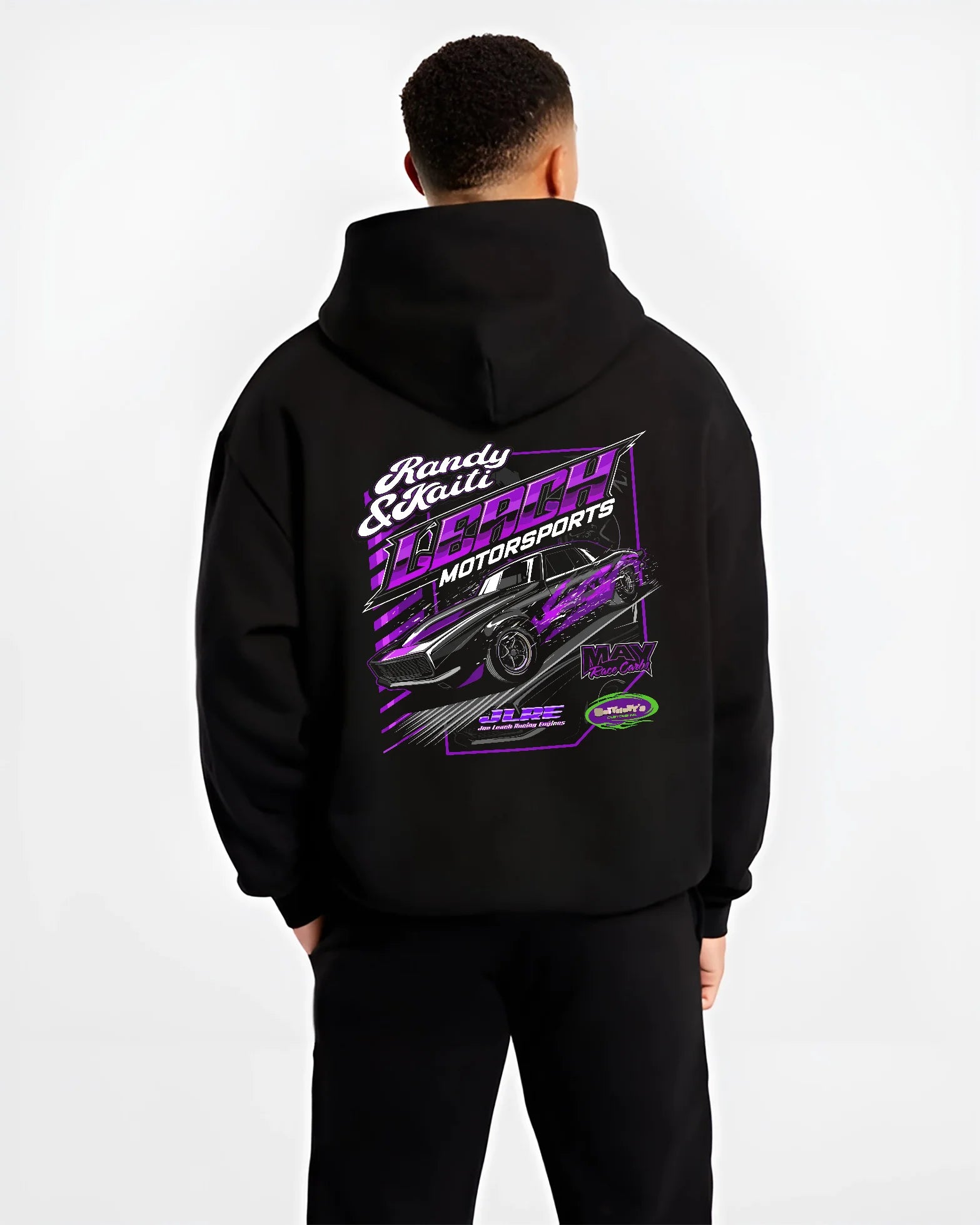 Black hoodie worn by a male model, back view, featuring STI street racing performance motorsport automotive enthusiast randy.