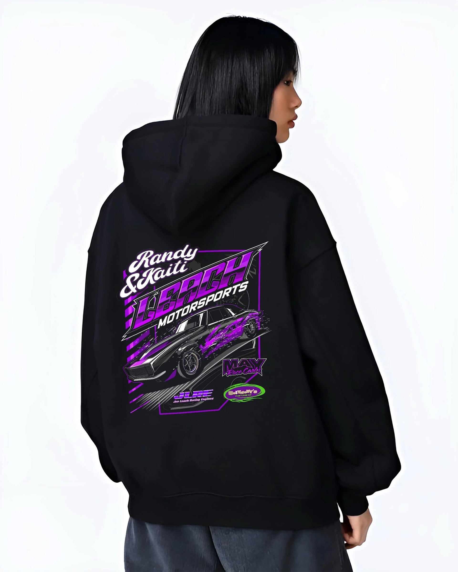Black hoodie worn by a female model, back view, featuring STI street racing performance motorsport automotive enthusiast randy.
