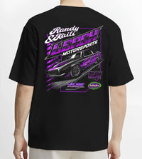 Black T-shirt worn by a male model, back view, featuring STI street racing performance motorsport automotive enthusiast randy.