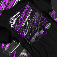 Black T-shirt laid flat with natural fabric folds, featuring STI street racing performance motorsport automotive enthusiast randy.