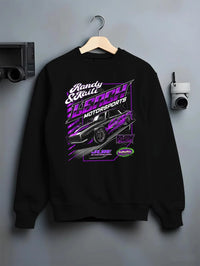 Black crewneck sweatshirt on a hanger against a grey wall, featuring STI street racing performance motorsport automotive randy.