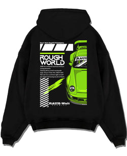 Black pullover hoodie laid flat on a white background, featuring Porsche rs japanese euro tuning stance rwb street graphic.