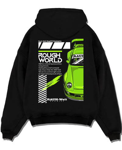 Black pullover hoodie laid flat on a white background, featuring Porsche rs japanese euro tuning stance rwb street graphic.