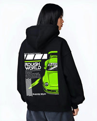 Black hoodie worn by a female model, back view, featuring Porsche rs japanese euro tuning stance rwb street graphic.