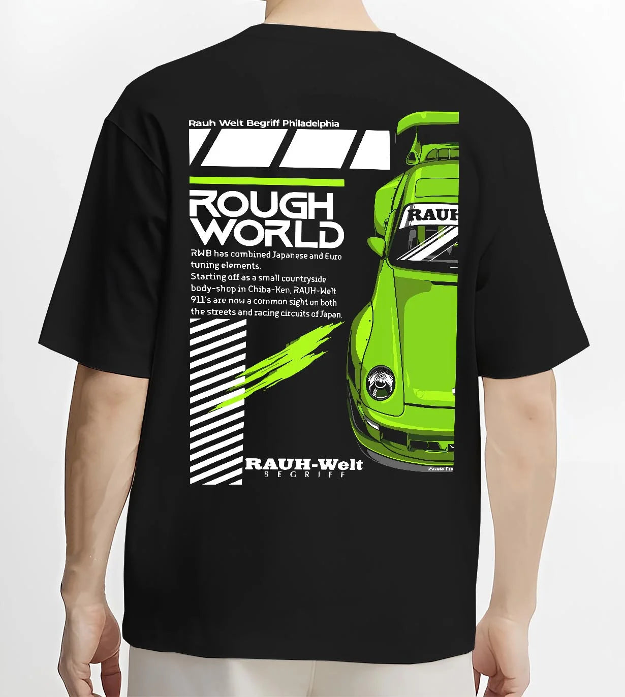 Black T-shirt worn by a male model, back view, featuring Porsche rs japanese euro tuning stance rwb street graphic.