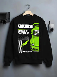 Black crewneck sweatshirt on a hanger against a grey wall, featuring Porsche rs japanese euro tuning stance rwb street graphic.